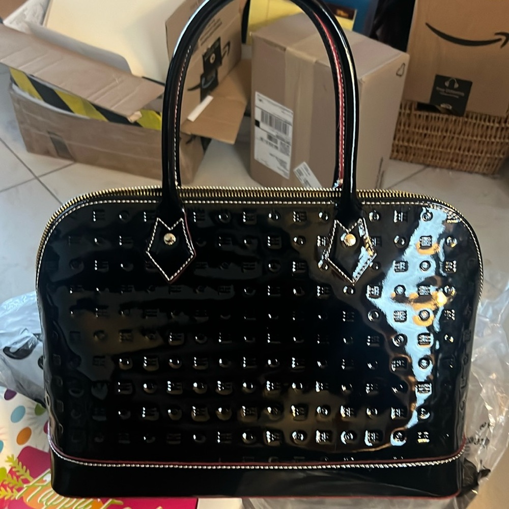 Arcadia  bag. Italian blk lthr. . Faint red trim. 13”x 9”x6” 15” drop from strap